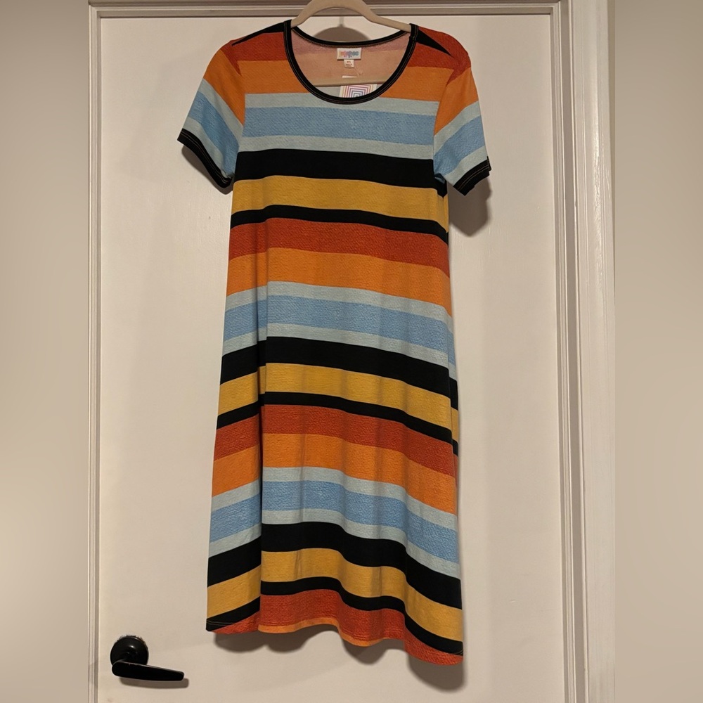 LuLaRoe Jessie Striped Dress in Orange, Blue, and Black